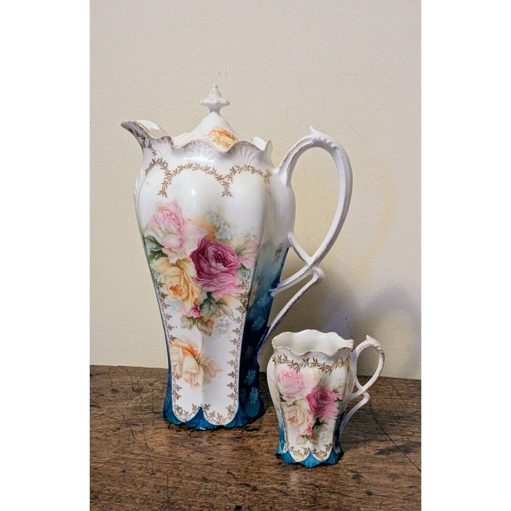 Antique RS Prussia Porcelain Chocolate Pot Creamer Set Pink Cabbage Rose Teal